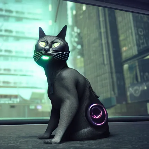 Image similar to cyberpunk cat in suit, final render, unreal engine