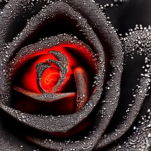 Image similar to award - winning macro of a beautiful black rose made of glowing molten magma, inner glow, lava texture