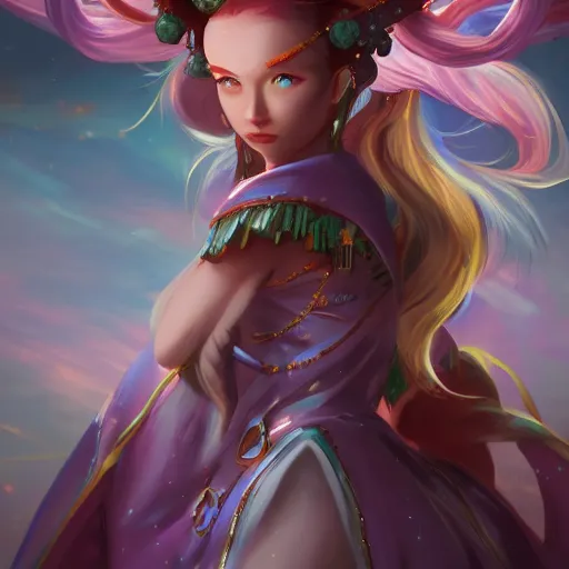 Prompt: a high fantasy portrait of a magical girl celestial, very beautiful, very attractive, trending on artstation, cool colorscheme, unreal engine, painted by artgem