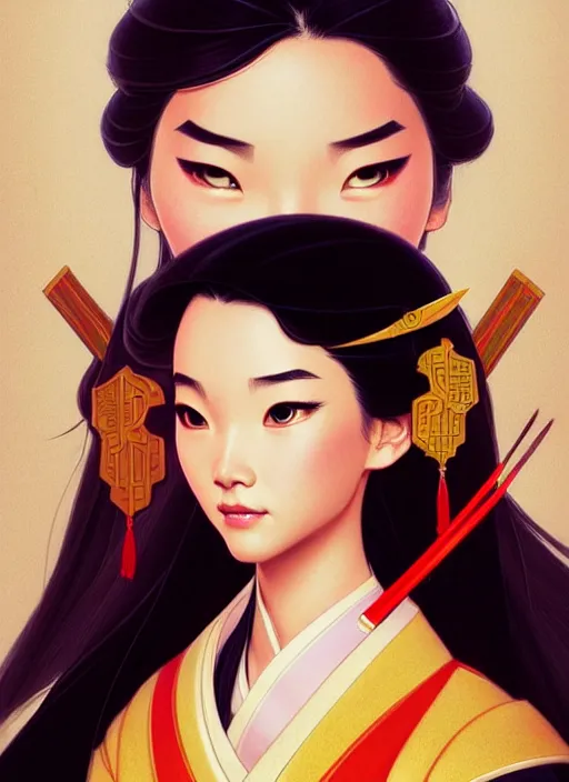 Image similar to portrait of disney mulan, intricate, elegant, highly detailed, my rendition, digital painting, artstation, concept art, smooth, sharp focus, illustration, art by artgerm and greg rutkowski and alphonse mucha and uang guangjian and gil elvgren and sachin teng, symmetry!!