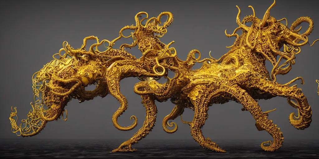 Prompt: a photo of 8k ultra realistic corrupted lovecraftian golden horse, 8 intricate white and gold tentacles, ornate white and gold armour, cinematic lighting, trending on artstation, 4k, hyperrealistic, focused, extreme details, unreal engine 5, cinematic, masterpiece