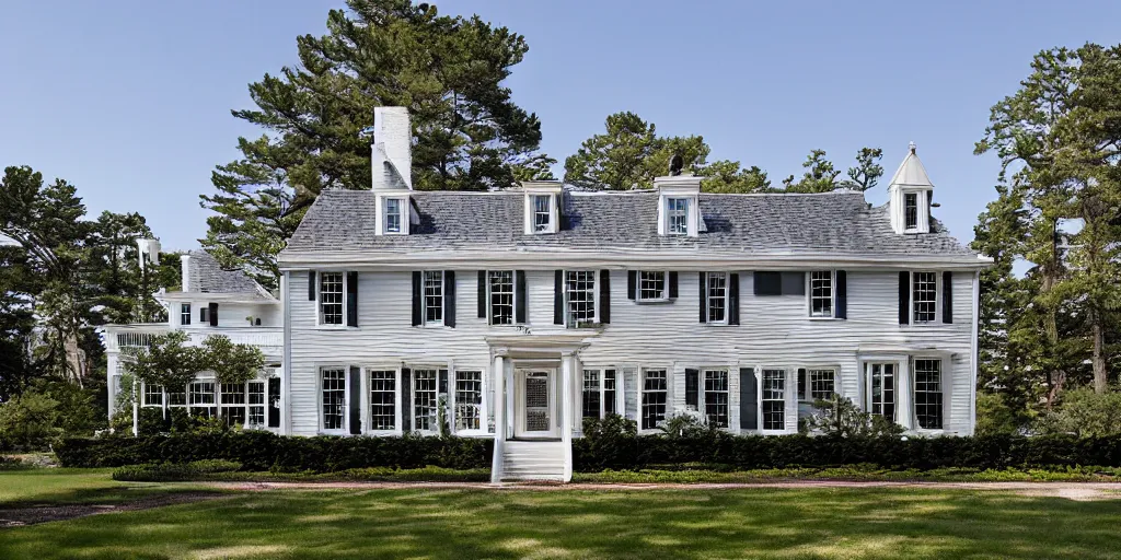 Image similar to grey brick wooden cape cod with pine trees and tile white black mansion by mcalpine house, by jackson & leroy architects