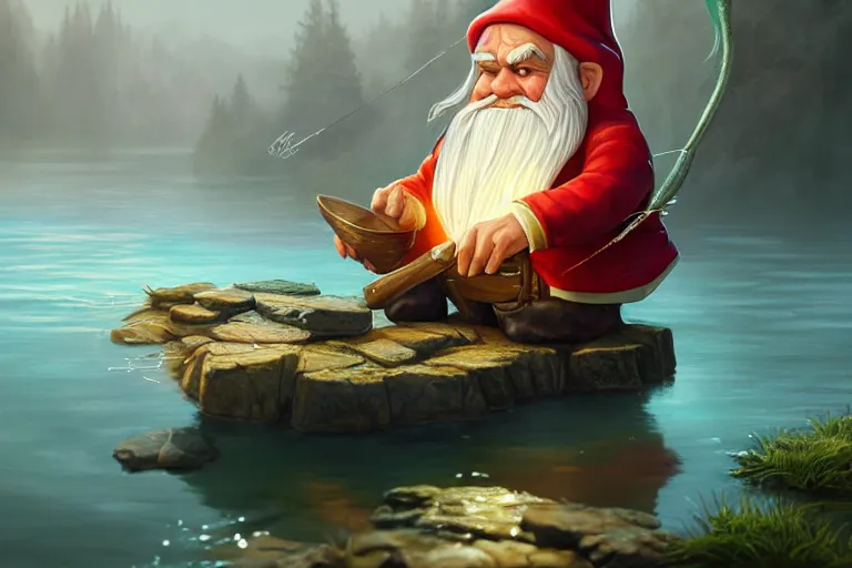 Prompt: legendary elegant gnome fishing in lake, highly detailed, d & d, fantasy, highly detailed, digital painting, trending on artstation, concept art, sharp focus, illustration, global illumination, ray tracing, realistic shaded, art by artgerm and greg rutkowski and fuji choko and viktoria gavrilenko and hoang lap