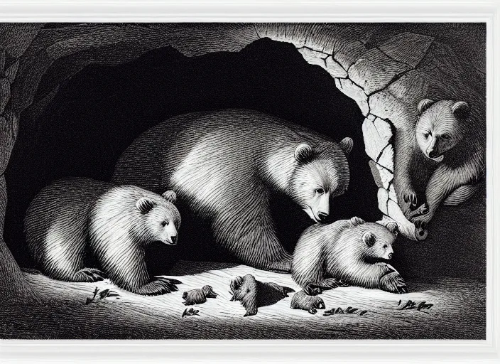 Prompt: Pieter Claesz's 'mother bear and her cubs sleeping in a dark cave', night time, cross hatching, framed