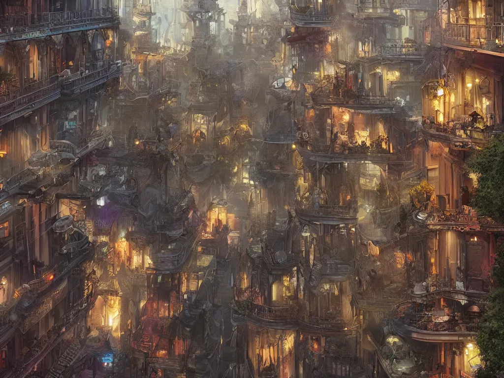 Prompt: a beautiful digital matte painting of futuristic steampunk french quarter, new orleans, by eddie mendoza and david lozeau and franklin booth and laurie greasley, detailed, artstation, air ships, plants on balconies, musicians, 8 k