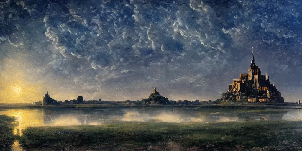 Prompt: masterpiece oil painting portraying mont saint michel in the style of romanticism landscape painters with a tree on the foreground,beautiful,misty,night sky,evocative,reflection in the water,photorealistic,chiaroscuro,soft lighting