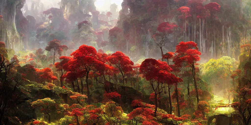 Image similar to beautiful landscape metal forests trees made of metal mountains rivers red and green leaves many layers waterfalls villages castles, buildings artstation illustration sharp focus sunlit vista painted by ruan jia raymond swanland lawrence alma tadema zdzislaw beksinski norman rockwell tom lovell alex malveda greg staples