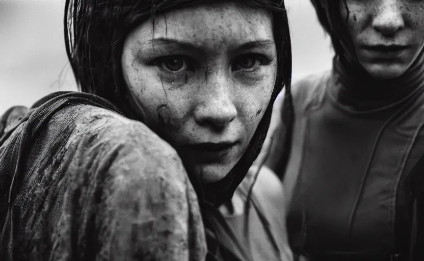 Image similar to cinestill 5 0 d candid photographic portrait by helen levitt of two loving female androids wearing rugged black mesh techwear in treacherous waters, extreme closeup, modern cyberpunk moody emotional cinematic dark, dust storm, 8 k, hd, high resolution, 3 5 mm, f / 3 2, ultra realistic faces, ex machina