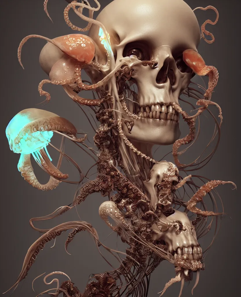 Image similar to goddess close - up portrait human skeleton, ram skull, squid phoenix jellyfish, orchid, betta fish, bioluminiscent, intricate artwork by tooth wu and wlop and beeple. octane render, trending on artstation, greg rutkowski very coherent symmetrical artwork. cinematic, hyper realism, high detail, octane render, 8 k