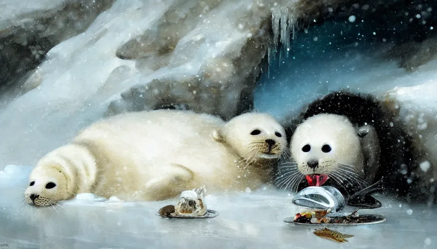 Image similar to highly detailed closeup painting of cute furry white baby seals eating fish inside a snowy fantasy ice crystal cavern by william turner, by greg rutkowski, by william constable, thick brush strokes and visible paint layers, 4 k resolution