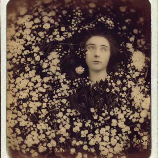 Image similar to portrait of a beautiful woman corpse covered in flowers, 1910 polaroid photography,