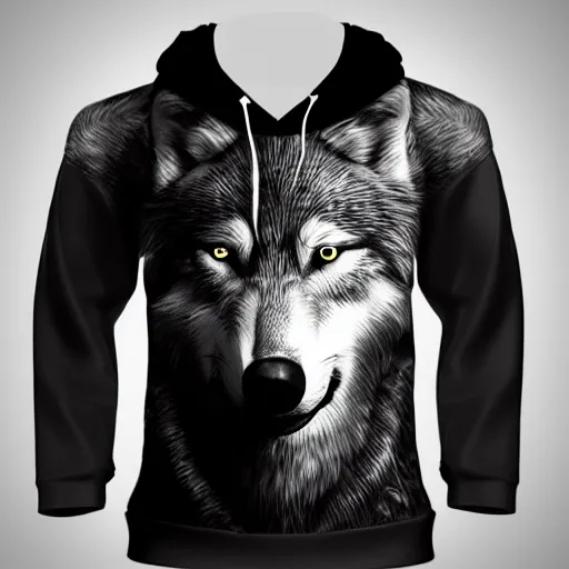 Image similar to Wolf dressing black hoodie, artstation, hyperdetailed, cgsociety,8k,