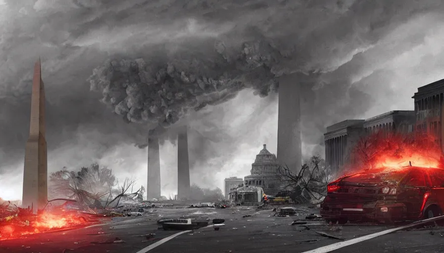 Image similar to tornado destroy washington dc, debris, destruction, fire, smoke columns, ashes, hyperdetailed, artstation, cgsociety, 8 k