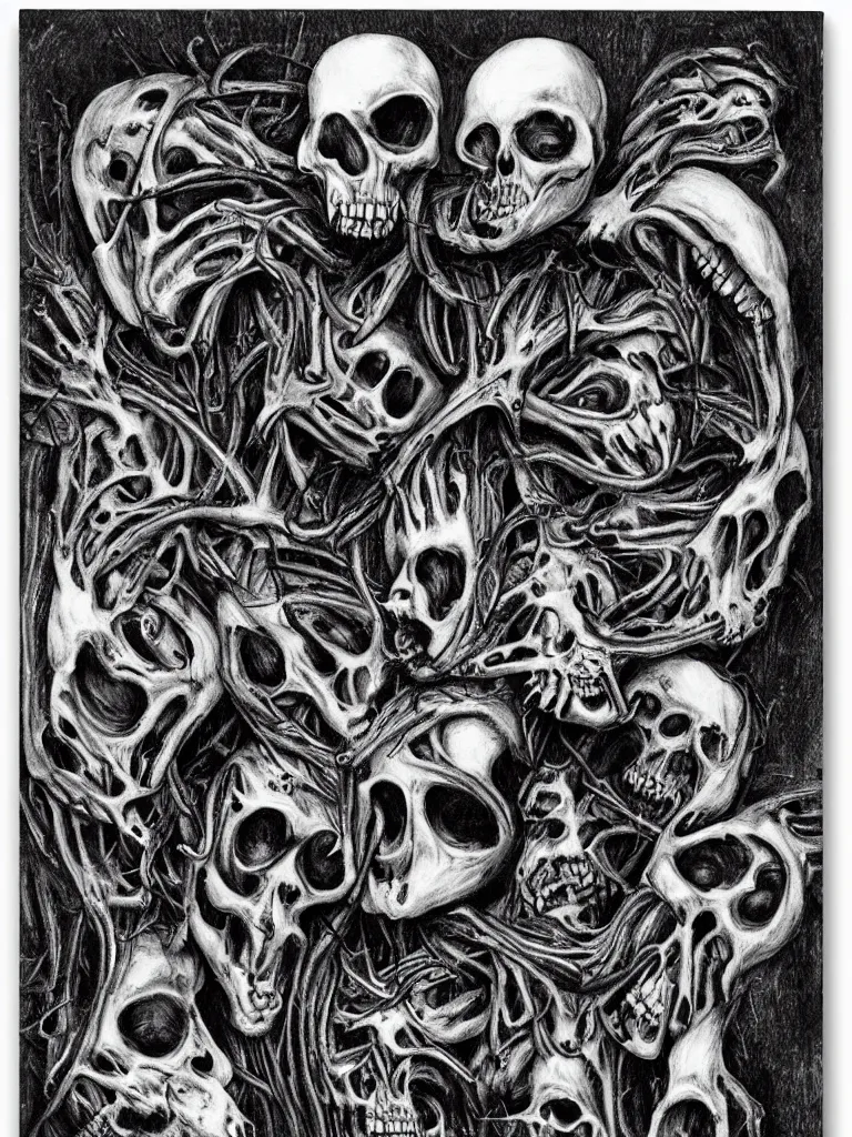 Prompt: Hyper-realistic black and white Valentine's Day card made of big skulls and big bones by H.R. Giger