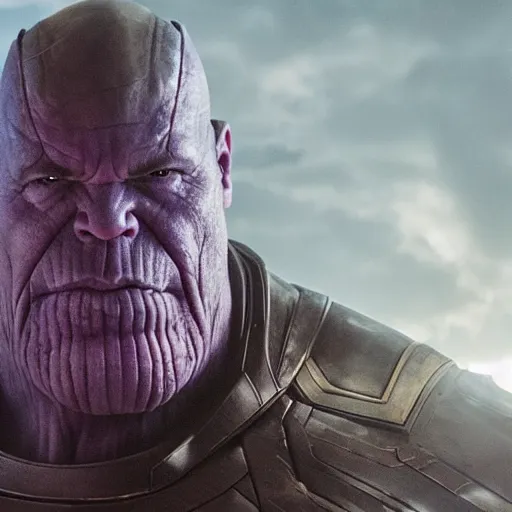 Image similar to a still from an avengers movie of thanos smoking a cigarette