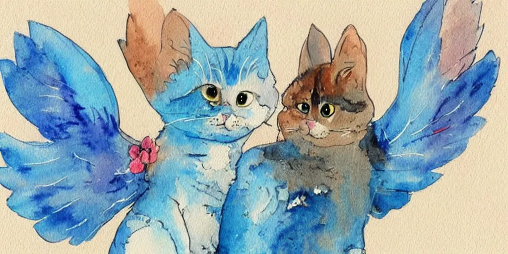 Prompt: watercolor illustration style, cute! cats! with blue wings!!