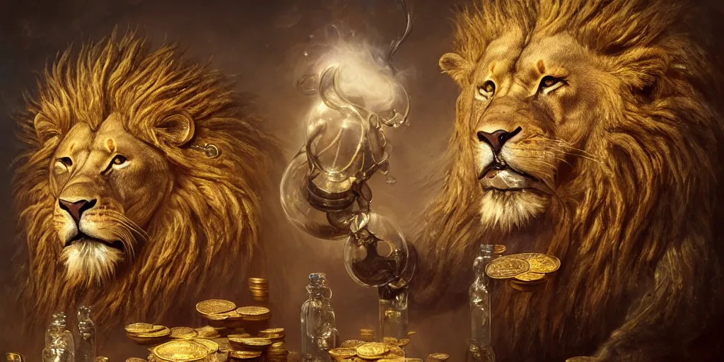 Image similar to a beautiful detailed 3 d matte portrait of a alchemist lion, by ellen jewett, by tomasz alen kopera, by justin gerard, ominous, magical realism, texture, intricate, skull, skeleton, gold coins, money, whirling smoke, alchemist bottles, radiant colors, fantasy, volumetric lighting, high details