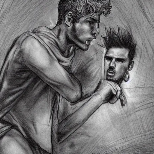 Image similar to 20 year old Mediterranean man fighting an 18 year old Mediterranean man, biblical clothing, highly realistic charcoal sketch