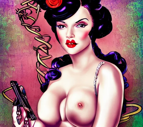 Image similar to sensual damsel in distress pin - up, deep focus, intricate, beautiful, highly detailed, digital art, medium shot, bust, tight fit