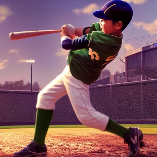 Image similar to a boy hitting a homerun in a baseball game on an idyllic beautiful summer day. Close up. Asian boy with black hair and green eyes. Lens flare. Golden hour. Craig Mullins. Ruan Jia Makoto shinkai.