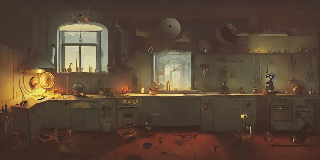 Image similar to minimalistic kitchen dim lit by a candle simon stalenhag gerald brom, fisheye camera, extreme perspective