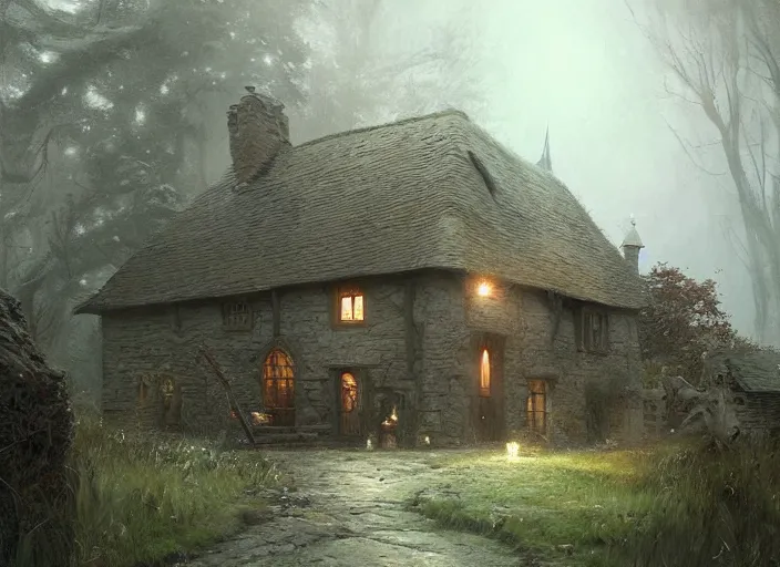 Prompt: The cottage of a witch, a fantasy digital painting by Greg Rutkowski and James Gurney, trending on Artstation, highly detailed