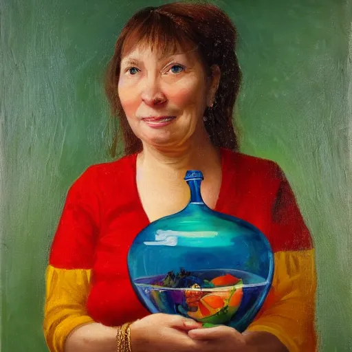 Image similar to a beautiful woman holding a gift. The gift is a fishbowl. The fishbowl has fish inside. Colorful. Oil on canvas.