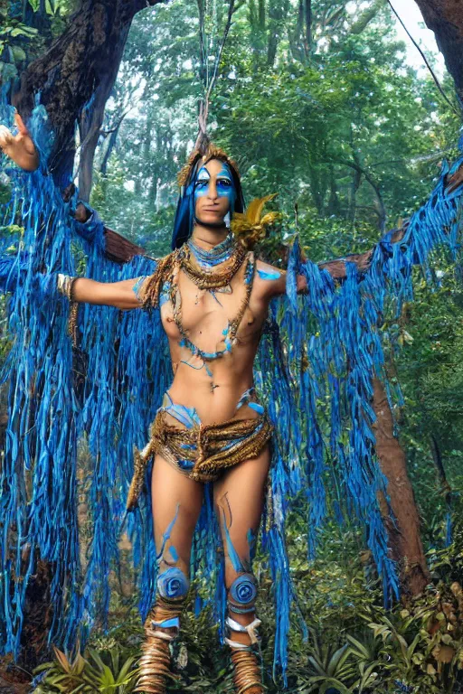 Image similar to a blue - skinned female navi from avatar wearing an elaborate outfit made out of shells wrapped in barbed wire suspended in the air between two trees, cosplay, body paint, high resolution film still, hdr color, movie by james cameron, clean composition, highly symmetric body parts