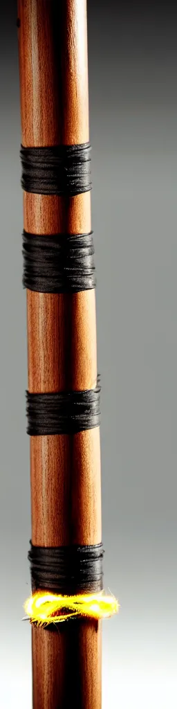 Prompt: picture of a single wooden long straight thin ninja fighting staff with small ornaments, weapon, highlight, vertical, centred, symmetric, sci - fi, fantasy, dnd, close shot, bright uniform background, award winning