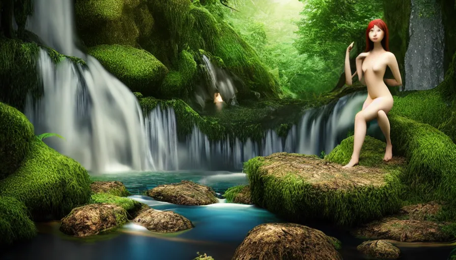 Prompt: beautiful asian fairy nymph in beautiful nature with waterfall flowing over it, octane, redshift, photorealism, hyperdetailed, overgrown, small lake with reflections
