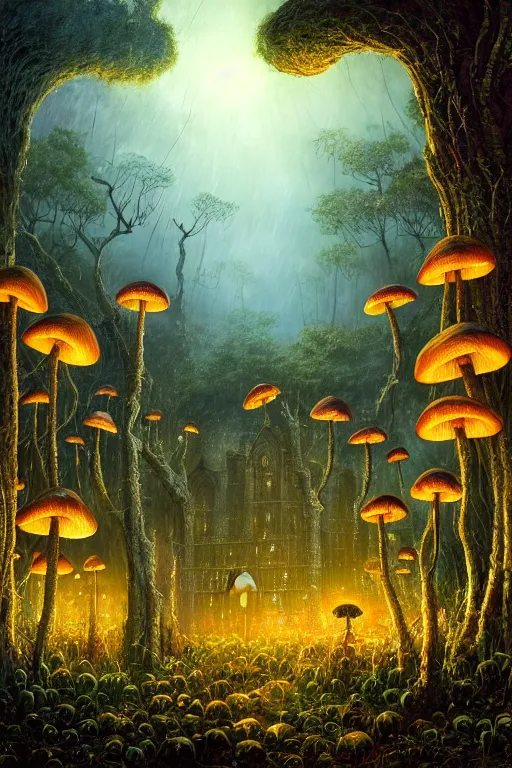 Prompt: a beautiful digital illustration painting of a detailed gothic fantasy fireflies and roots, dark mushroom, flowers ruins in the rain by benoit b. mandelbrot, steven belledin, martin johnson heade, lee madgwick, caspar david friedrich, and david rios ferreira. 8 k resolution trending on artstation concept art digital illustration