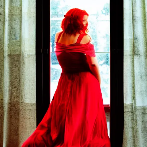 Prompt: Red haired woman in a red dress standing behind a red window curtain, portrait, photography