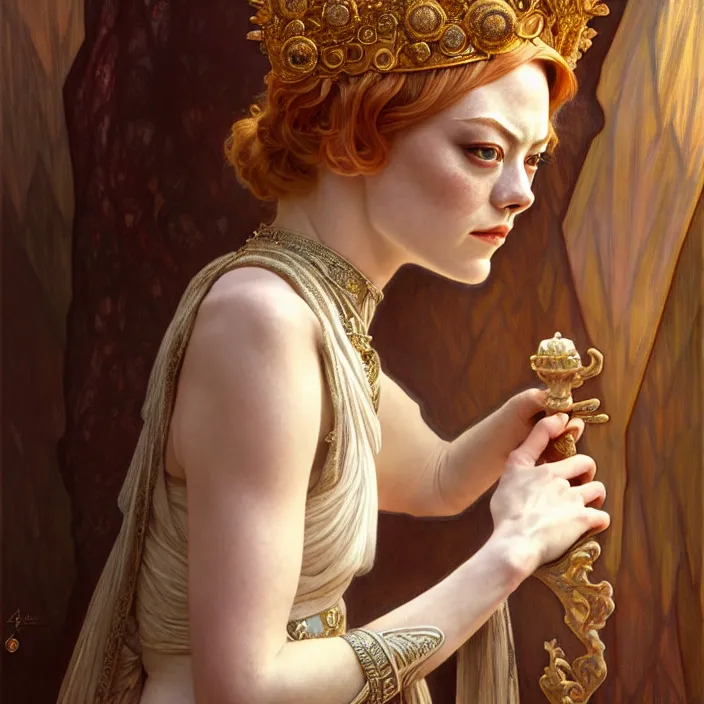 Prompt: ancient queen emma stone, symetrical, diffuse lighting, fantasy, intricate, elegant, highly detailed, lifelike, photorealistic, digital painting, artstation, illustration, concept art, 4 k, smooth, sharp focus, art by john collier and albert aublet and krenz cushart and artem demura and alphonse mucha