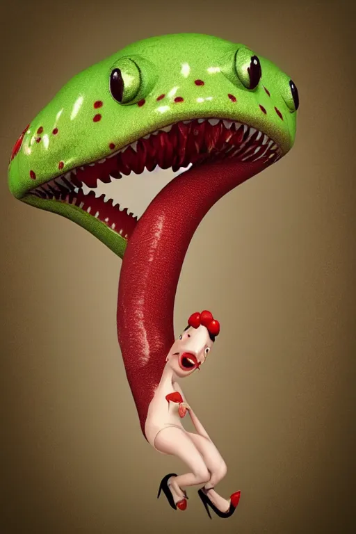 Prompt: hyperrealistic anthropomorphic cartoon 3 d unreal engine red and white polka dot venus fly trap shiny luscious lips slick wet tongue, cinematic lighting golden hour wedding photography