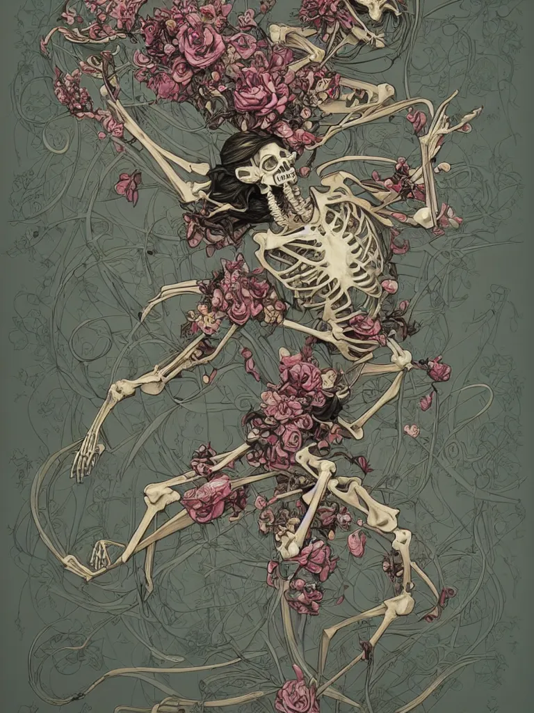 Image similar to a skeleton covered in flowers in a dynamic pose, art nouveau, james jean, peter mohrbacher, highly detailed, soft lighting,