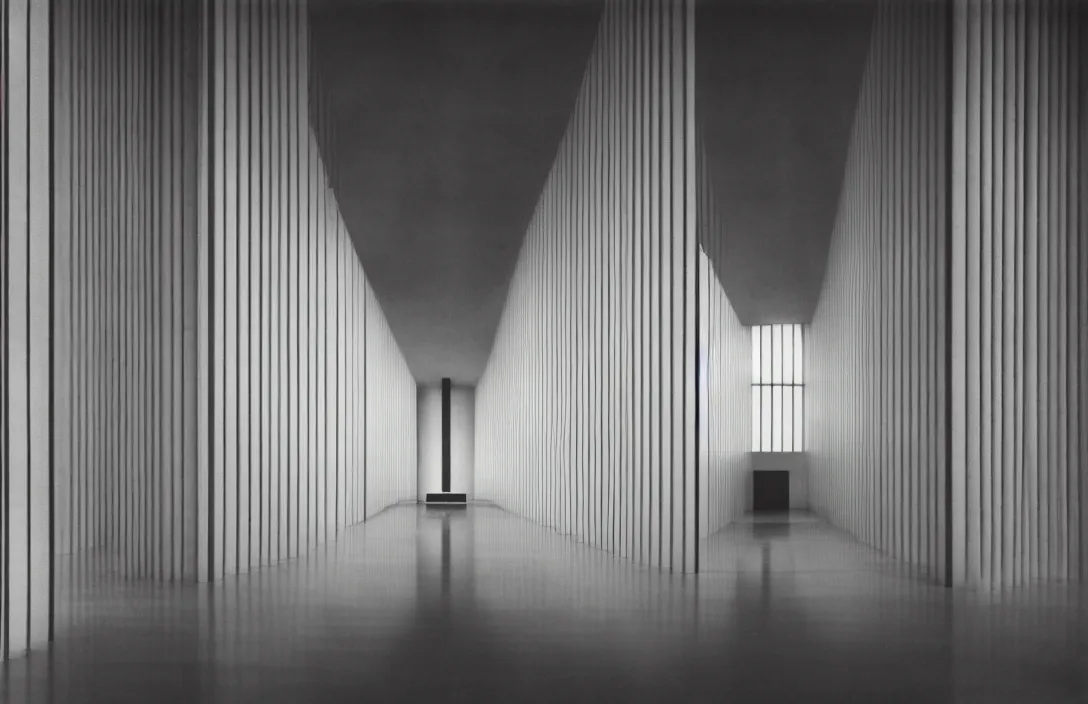 Prompt: in this church interior, vertical lines suggest spirituality, rising beyond human reach toward the heavens. directed by kurosawa fusing a dream world of imagination with closely observed reality intact flawless ambrotype from 4 k criterion collection remastered cinematography gory horror film, ominous lighting, evil theme wow photo realistic postprocessing suffolk landscape building by mies van der rohe