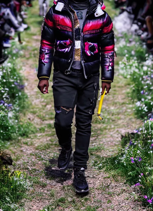 Image similar to hyperrealistic and heavy detailed moncler runway show of lil uzi vert, leica sl 2 5 0 mm, vivid color, high quality, high textured, real life