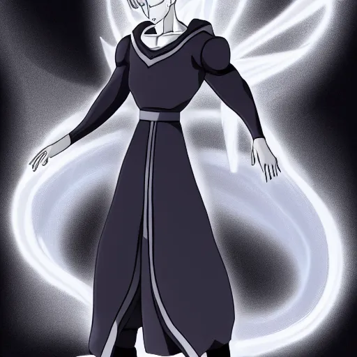 Prompt: character concept art of whis the angel from dragon ball super, black and white garments, high res, halo around neck