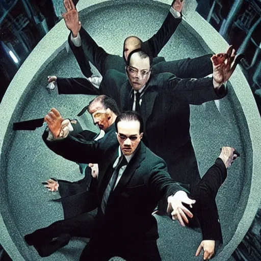 Image similar to Many instances of Agent Smith from The Matrix fighting each other, top post of all time on /r/AccidentalRenaissance subreddit