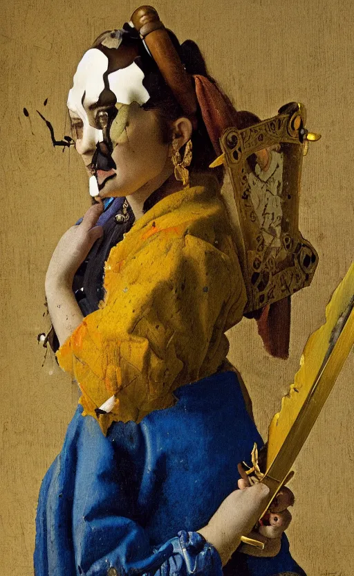 Image similar to a collaboration between Johannes Vermeer and Karel Appel featuring an anime magical girl with a claymore sword