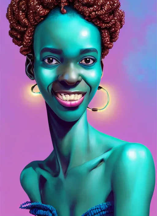 Image similar to portrait of shy black girl, realistic, bantu knots, pointy nose, lanky, smile, nerdy, defined jawline, big chin, teal hair bow, earrings, intricate, elegant, glowing lights, highly detailed, digital painting, artstation, sharp focus, illustration, complimentary colors, art by wlop, mars ravelo and greg rutkowski