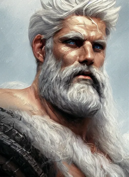 Prompt: painted portrait of rugged zeus, god of thunder, greek god, white hair, masculine, mature, handsome, upper body, muscular, hairy torso, fantasy, intricate, elegant, highly detailed, digital painting, artstation, concept art, smooth, sharp focus, illustration, art by gaston bussiere and craig mullins