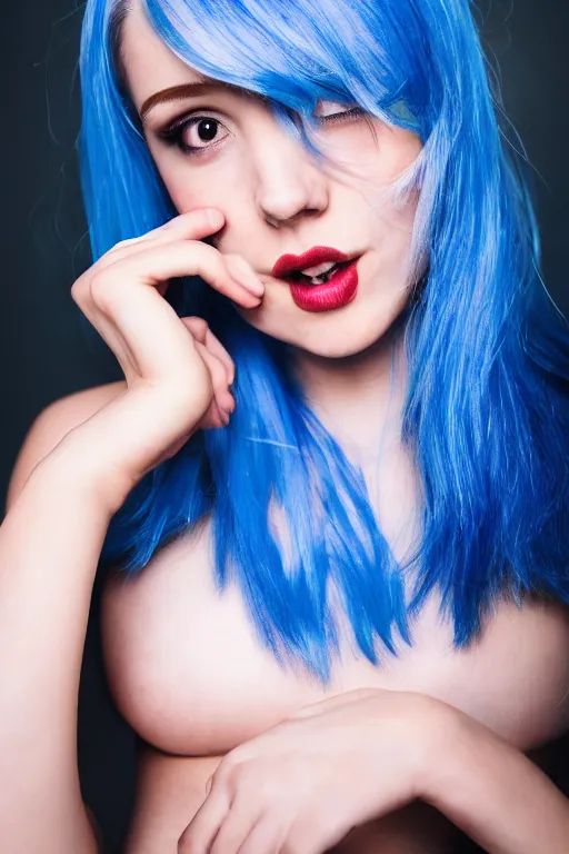 Prompt: attractive beautiful blue hair 2 7 year old woman, soft, cute, nerdy, fun, playful, 1 5 0 mm f 2. 8, full body portrait, color, hasselblad, professional photo, high quality, symmetrical face, clear skin, 4 k, dramatic lighting