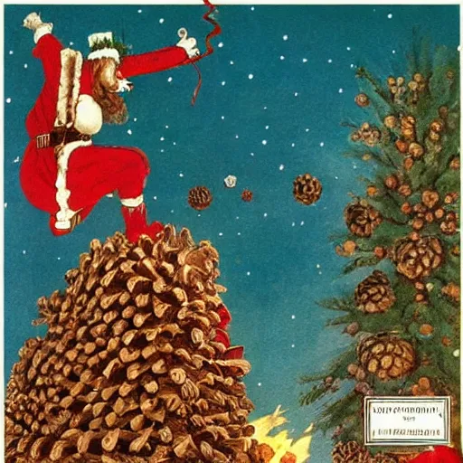 Prompt: illustrated portrait vogue designer Santa Claus Sacrificing the Elves to a Volcano God Altar made of pinecones and fire kenny scharf heinrich lefler giorgio de chirico marc simonetti norman rockwell postcard stamp