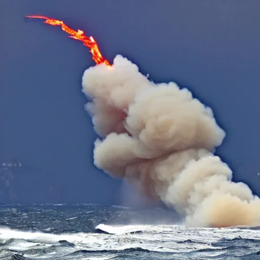 Prompt: Fire tornado in the open ocean. Raging sea. Catastrophe. small sailboat