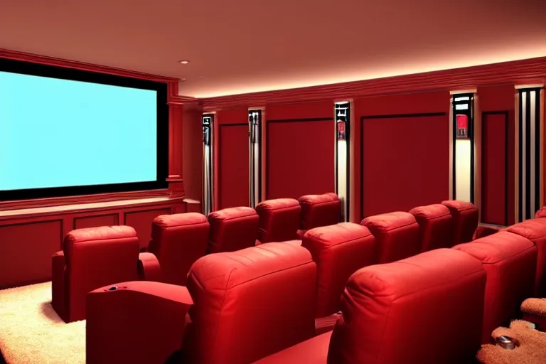 Image similar to very wide view of a modern home movie theater with giant projector screen!!, detailed art deco decoration!!, wall lights, plant, popcorn machine, watercolor painting trending on artstation