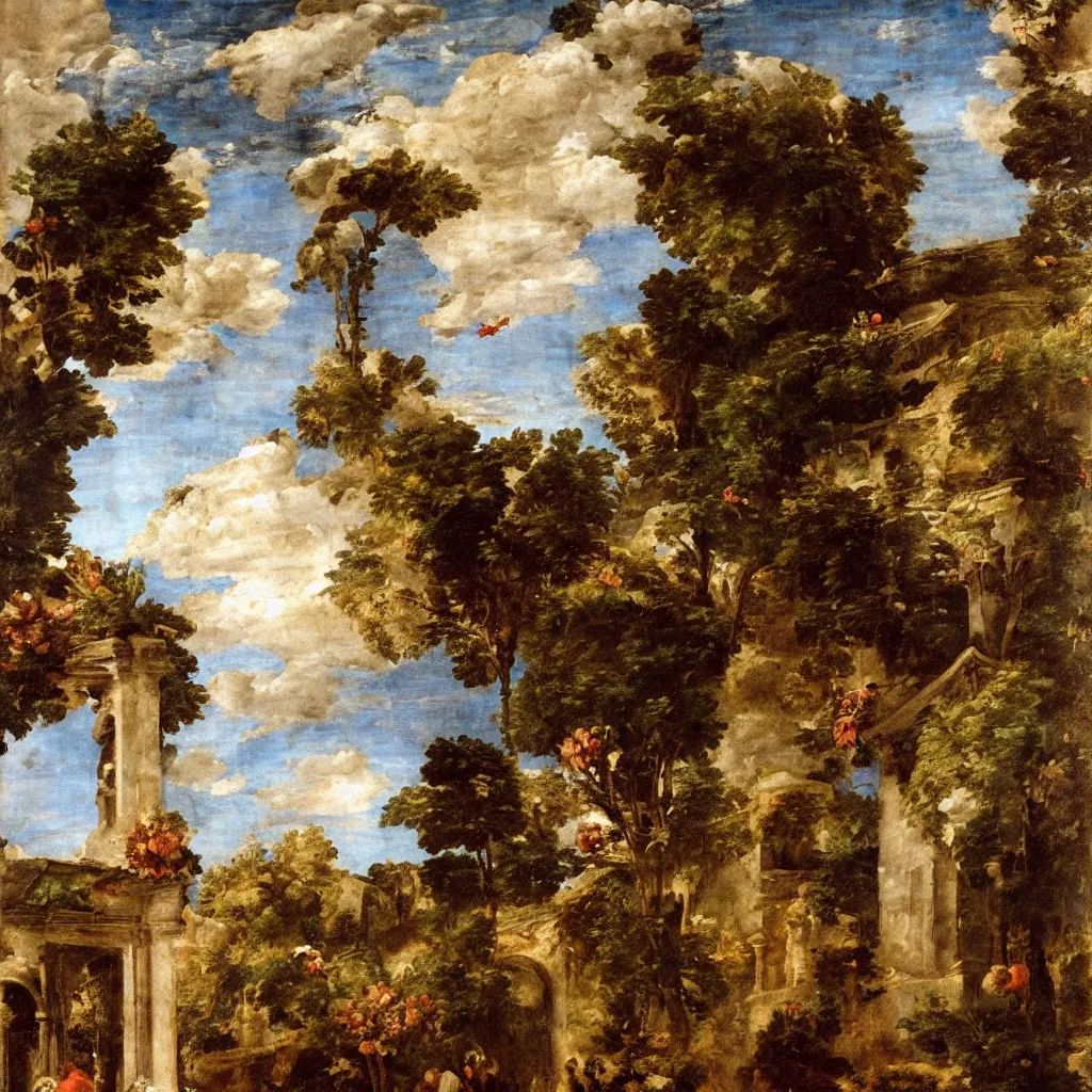 Prompt: a Titian painting of the inside of a on old church that is decorated with flowers and a lot of sky in the background