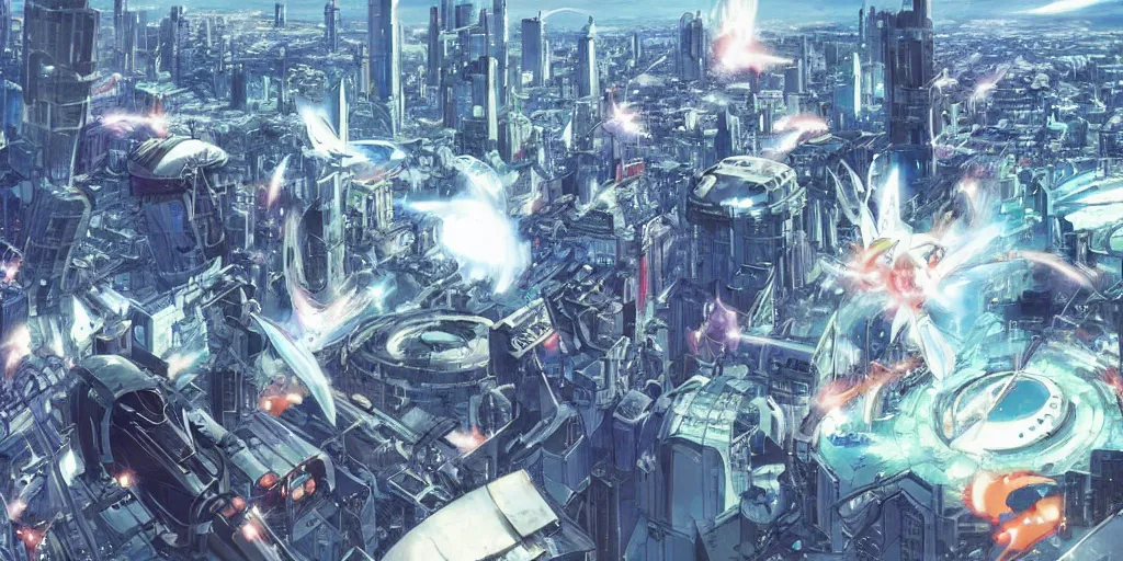 Prompt: sci - fi city getting attacked by spaceships, explosions, protection shield, aerial view, art by makoto shinkai and alan bean, yukito kishiro