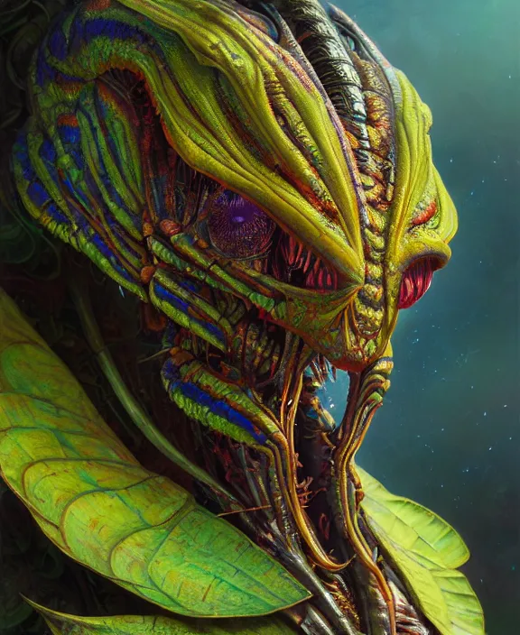 Prompt: intricate colorful portrait of a scary alien insect creature, mottling, adorable, childlike, overgrown environment, ultra realistic, concept art, maximalist, photorealistic, octane render, 8 k, unreal engine. art by christopher marley and artgerm and greg rutkowski and alphonse mucha