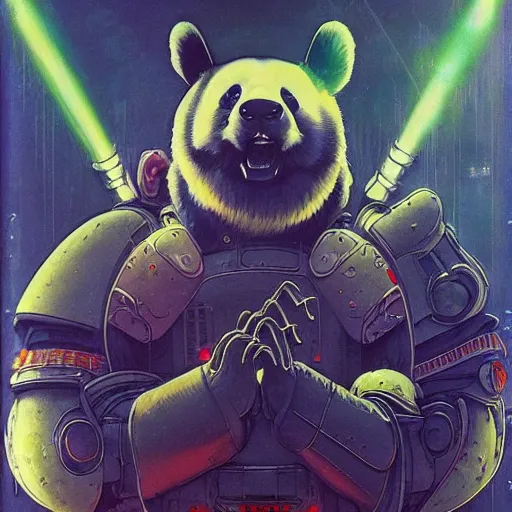 Image similar to a panda mecha, reflective detailed textures. glowing colorful fog, dark background. highly detailed fantasy science fiction painting by moebius, norman rockwell, frank frazetta, and syd mead. rich colors, high contrast. trending on artstation